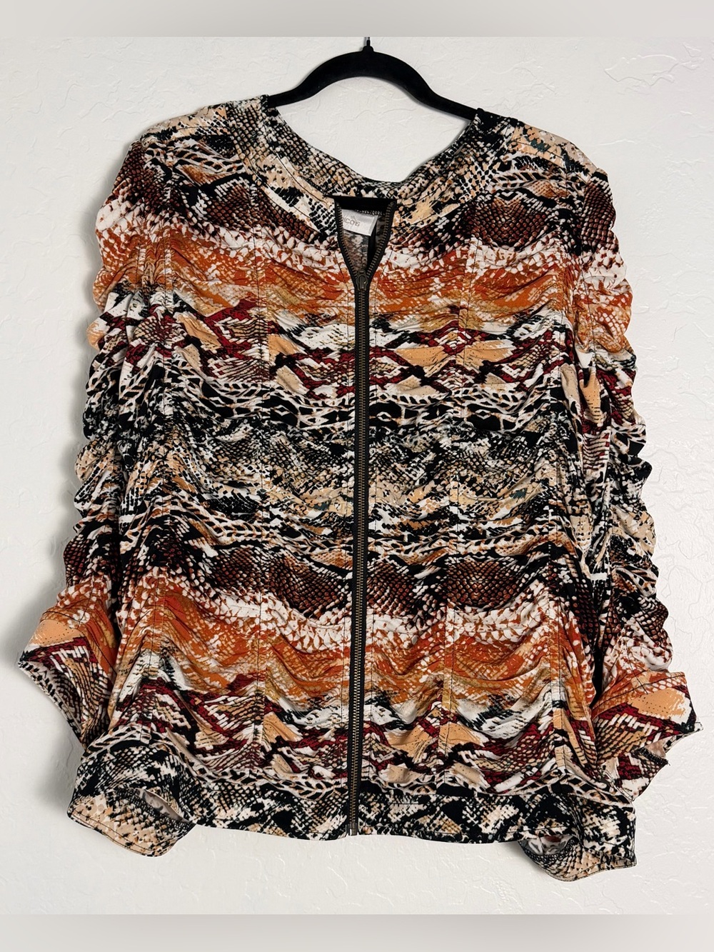Chico's Womens 3(XL/16) Ruched Jacket Full Zip Multicolor SnakeSkin 3/4 Sleeves